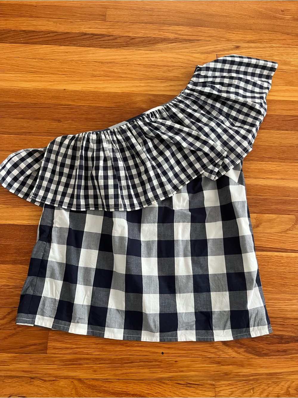 J. Crew One-Shoulder Navy and White Gingham Top